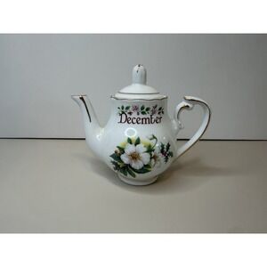 Teapot White  Floral December Mini Birthday Golden Crown E& R Germany  3 1/2